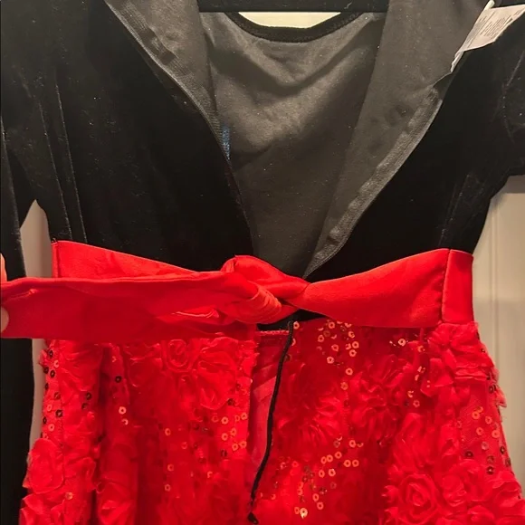 Bonnie Jean Dress Black Velvet Upper Red 3D Flowers Sequin Accents Size 16 - Picture 8 of 10